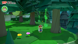 Mario standing near a tree with a vine containing the Faded Fire Flower in Whispering Woods of The Origami King.