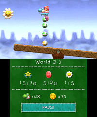Smiley Flower 2: Shortly after the first Smiley Flower, Light-Blue Yoshi will encounter two solid seesaws over a pit. Above the second seesaw is a Winged Cloud which produces the second Smiley Flower when activated.