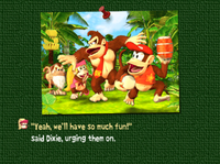 A scene of Donkey Konga 2's opening story where Dixie Kong urges Donkey Kong and Diddy to tour with her.