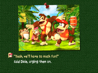 A scene of Donkey Konga 2'"`UNIQ--nowiki-00000000-QINU`"'s opening story where Dixie Kong urges Donkey Kong and Diddy to tour with her.