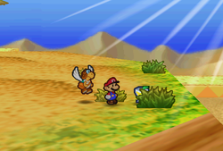 Mario finding Tasty Tonic in the scene F6 of Dry Dry Desert of Paper Mario.