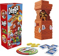 A promotional photo of the box and game pieces of Jenga: Super Mario Edition.