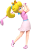Artwork of Princess Peach swinging a golf club from Mario Golf: Super Rush