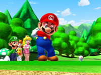 In the opening cinematic, Mario prepares to hit the ball off the tee with Luigi, Peach, and Daisy looking on.