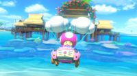 Toadette glides on Cheep Cheep Beach in Mario Kart 8