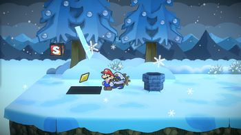 Mario getting the Star Piece under a hidden panel to the left of the pipe to Rogueport in Path to Fahr Outpost in the remake of the Paper Mario: The Thousand-Year Door for the Nintendo Switch.