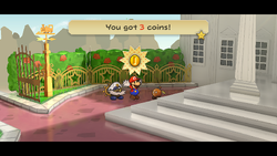 Mario getting 3 Coins from Bub in Poshley Heights of Paper Mario: The Thousand-Year Door for Nintendo Switch.