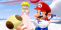 Princess Peach tries to get Mario and Toadsworth's attention.