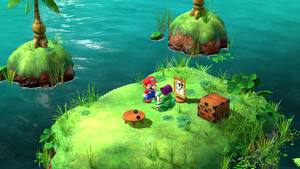 Frog Sage giving Mario Froggie Stick and 10 Frog Coins in exchange for Cricket Pie and Cricket Jam in Tadpole Pond of Super Mario RPG.