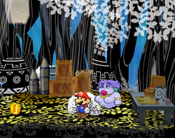 Mario getting a Coin from a bush in The Great Tree of Paper Mario: The Thousand-Year Door.