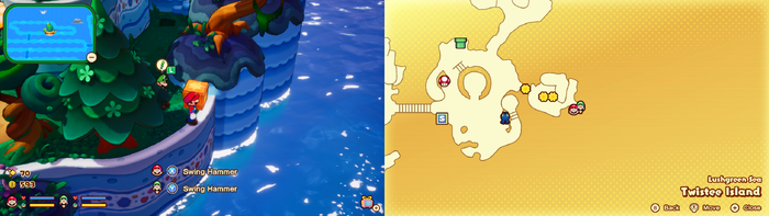 Mario and Luigi near a wooden crate containing a Coin on Twistee Island of Mario & Luigi: Brothership.