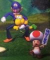 Waluigi tackling a Koopa Troopa, with Toad holding a sign.