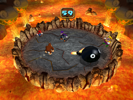 Wario getting knocked away in Chain Chomp Fever from Mario Party 4