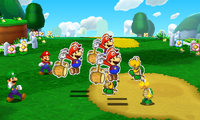 Six Paper Marios attacking in a battle.