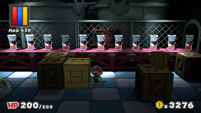 Mario near a crate containing Hammer x3 and Iron Jump x2 Battle Cards in Black Bowser's Castle of Paper Mario: Color Splash.