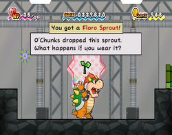 Bowser picking up the Floro Sprout after the boss fight with O'Chunks in Floro Caverns of Chapter 5-4 of Super Paper Mario.
