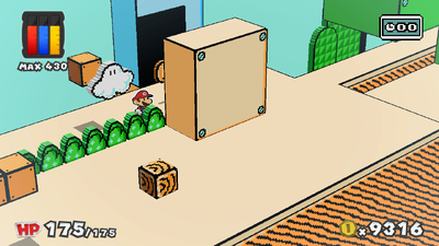 Mario near 2 Coins in Green Energy Plant of Paper Mario: Color Splash.