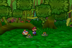 Mario finding Hearts from Heart Plants in Jade Jungle of Paper Mario.