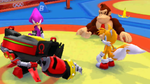 Omega collides with Donkey Kong while Espio and Tails look on