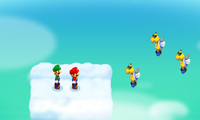 Screenshot of the Koopa Paratroopa Trio meeting Mario and Luigi for the first time in Mario & Luigi: Bowser's Inside Story + Bowser Jr.'s Journey