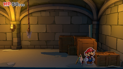 Mario in front of two crates containing a Coin each in Princess Peach's Castle of The Origami King.