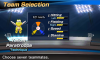 Yellow Paratroopa's stats in the baseball portion of Mario Sports Superstars