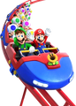 Mario, Luigi, a Talking Flower, and a group of Toads riding a roller coaster in Carnival Coaster
