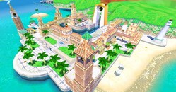 A screenshot of Delfino Plaza, the hub of Super Mario Sunshine, via emulation on the noclip.website.