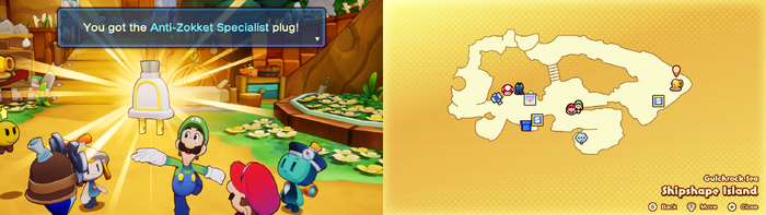 Luigi being given the Anti-Zokket Specialist Battle Plug by Technikki on Shipshape Island of Mario & Luigi: Brothership.