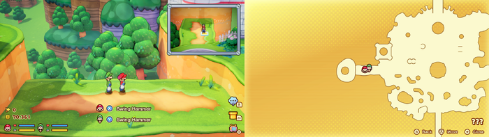 Mario and Luigi near a vent which is only seen on the Lakitu's camera containing 8 Coins in the illusionary Mushroom Kingdom area of Soli-Tree of Mario & Luigi: Brothership.