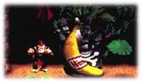 Early screenshot of Donkey Kong defeating Dumb Drum in a jungle setting