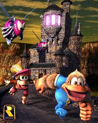 Group artwork of Dixie and Kiddy Kong running from a pair of Buzzes outside Kastle Kaos in Donkey Kong Country 3: Dixie Kong's Double Trouble!.