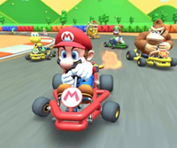 Thumbnail of the Luigi Cup challenge from the Mario Bros. Tour; a Big Reverse Race challenge set on SNES Mario Circuit 3