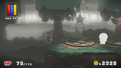 Mario in front of the unrevealed stairs in Mossrock Theater of Paper Mario: Color Splash.
