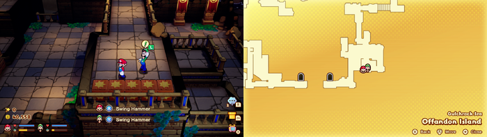 Mario and Luigi near wooden crates containing a Coin, a Mushroom and a Nut on Offandon Island of Mario & Luigi: Brothership.