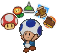 An unused animation of a sticker shop Toad showing off various types of stickers.