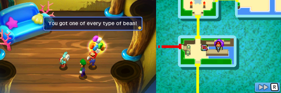 Mario and Luigi getting a Defense Bean, a Flex Bean, a Heart Bean, a Power Bean, a Special Bean and a Speed Bean from Kuzzle in Plack Beach of Mario & Luigi: Bowser's Inside Story + Bowser Jr.'s Journey.