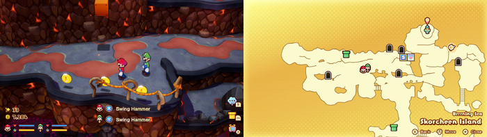 Mario and Luigi near 3 Coins on Skorcheen Island of Mario & Luigi: Brothership.