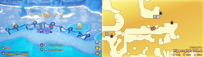 Mario and Luigi near 4 Coins and 3 10-Coins on Slippenglide Island of Mario & Luigi: Brothership.