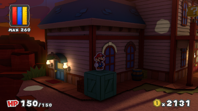 Mario in front of the unrevealed stairs in Tangerino Grill of Paper Mario: Color Splash.