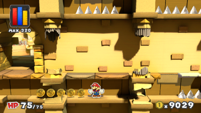 Mario near 5 Coins in The Golden Coliseum of Paper Mario: Color Splash.