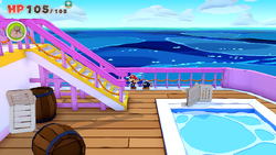 Mario standing near 3 Coins on The Princess Peach ship of The Origami King.