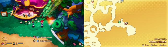 Mario and Luigi near a Sprite Bulb Nest on Twistee Island of Mario & Luigi: Brothership.