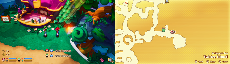 Mario and Luigi near a Sprite Bulb Nest on Twistee Island of Mario & Luigi: Brothership.