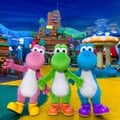 Promotional picture of Yoshi, Light-blue Yoshi, and Pink Yoshi