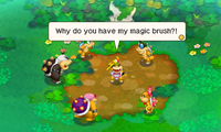 Screenshot of the cutscene after the Koopaling Teamwork quest, where Bowser Jr. receives his magic brush from Morton in the Bowser Jr.'s Journey mode of Mario & Luigi: Bowser's Inside Story + Bowser Jr.'s Journey.