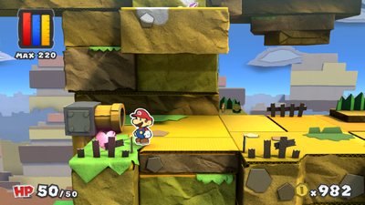 Mario near a Heart in Daffodil Peak of Paper Mario: Color Splash.
