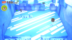 Mario standing near a Coin Bag on Ice Vellumental Mountain of The Origami King.