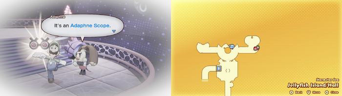 Luigi being given the Adaphne Scope by Adaphne on Jellyfish Island from Mario & Luigi: Brothership.