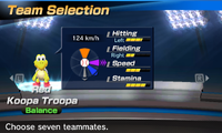 Red Koopa Troopa's stats in the baseball portion of Mario Sports Superstars